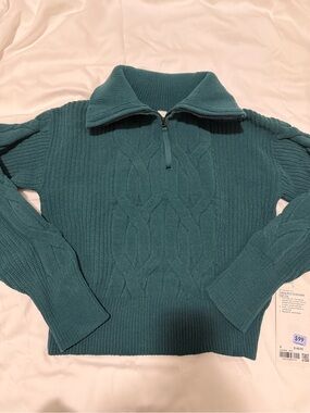 lululemon athletica Teal Cable Knit Half-Zip Sweater